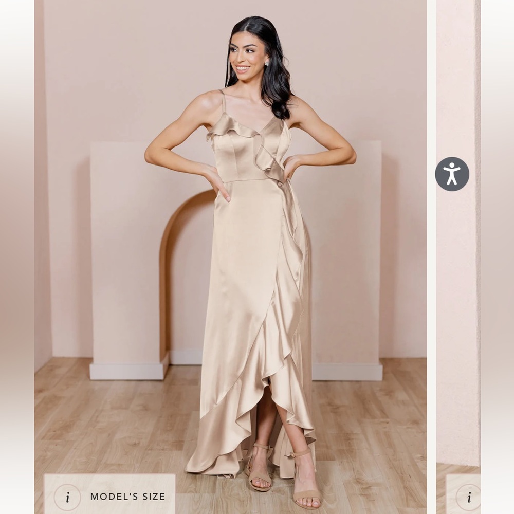 Revelry Paloma satin dress in “gold champagne”